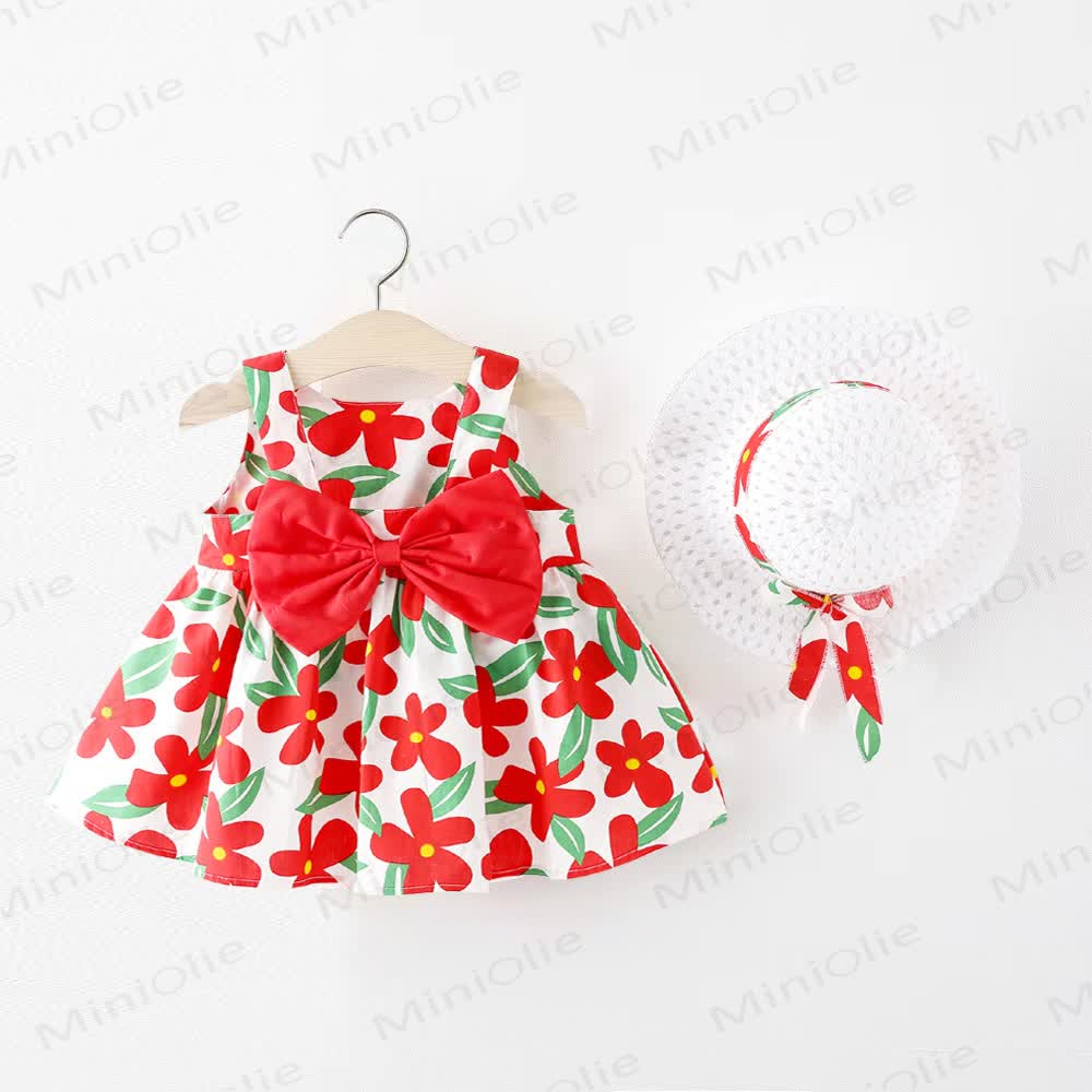 Baby Girls Floral Bow Sleeveless Dress with Hat - Red - 2-3T - image 2