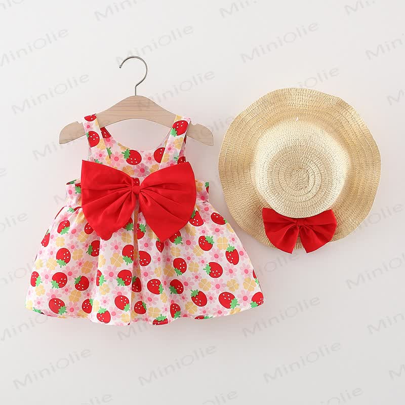 Baby Strawberry Print Bow Sleeveless Dress with Hat - Red - 2-3T - image 1