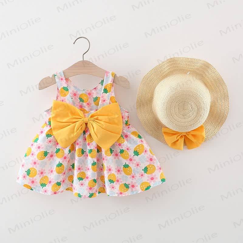 Baby Strawberry Print Bow Sleeveless Dress with Hat - Yellow - 2-3T - image 2
