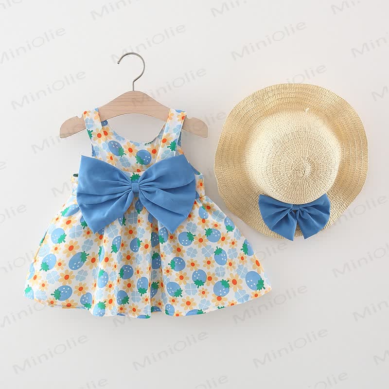 Baby Strawberry Print Bow Sleeveless Dress with Hat - Blue - 2-3T - image 3