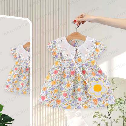 Baby Girls Floral Print Petal Collar Puff Sleeves Dress - Purple - 2-3T - image 3