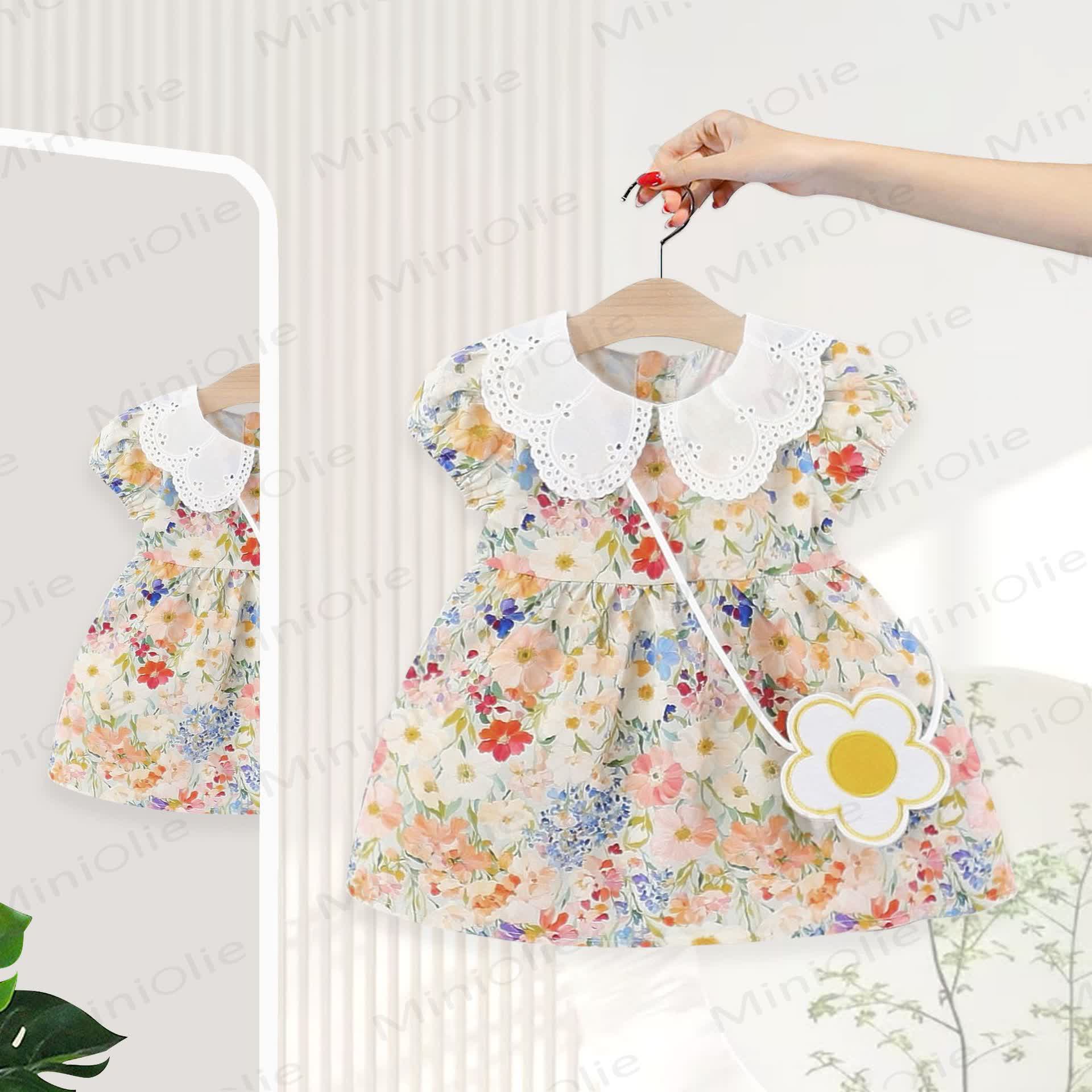 Baby Girls Floral Print Petal Collar Puff Sleeves Dress - Orange - 2-3T - image 2