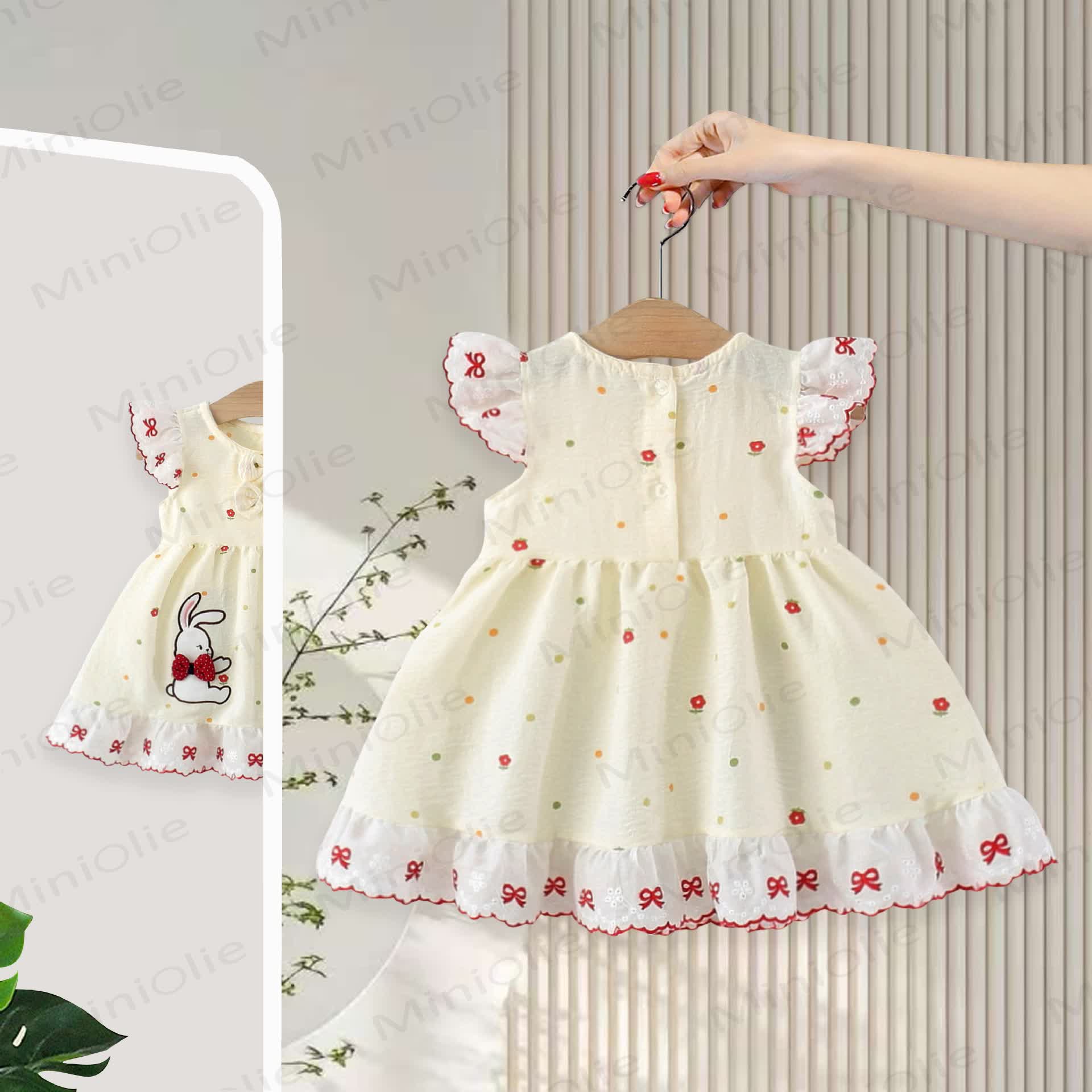 Baby Girls Bunny Bow Polka Dot Ruffle Sleeves Dress - image 2