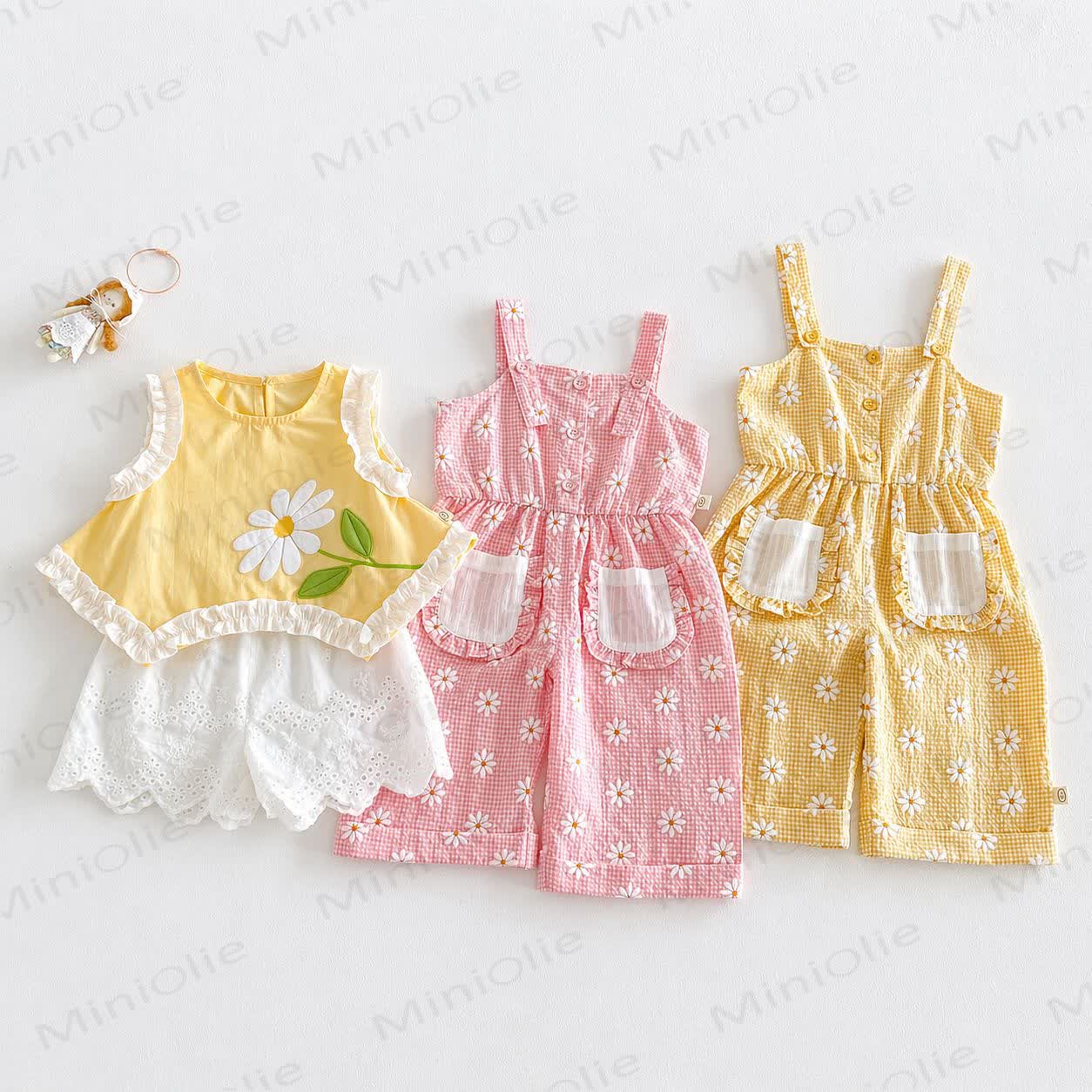 Baby Toddler Girls Daisy Ruffle Tank Top or Floral Overalls or Solid White Shorts  - image 1