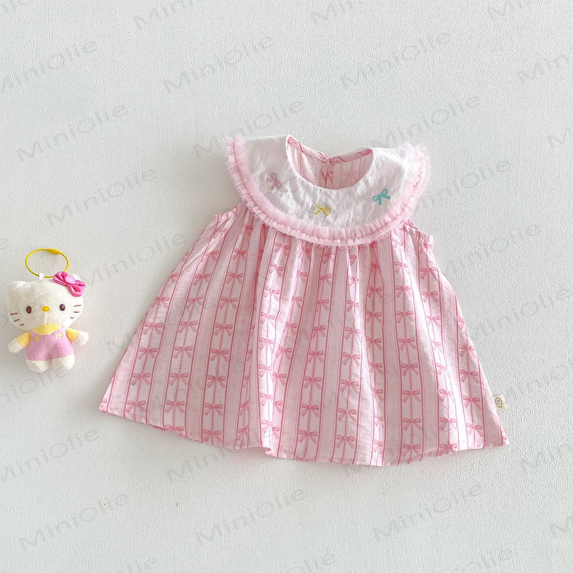 Baby Toddler Girls Pink Bow Print Ruffle Collar Sleeveless Dress - image 1
