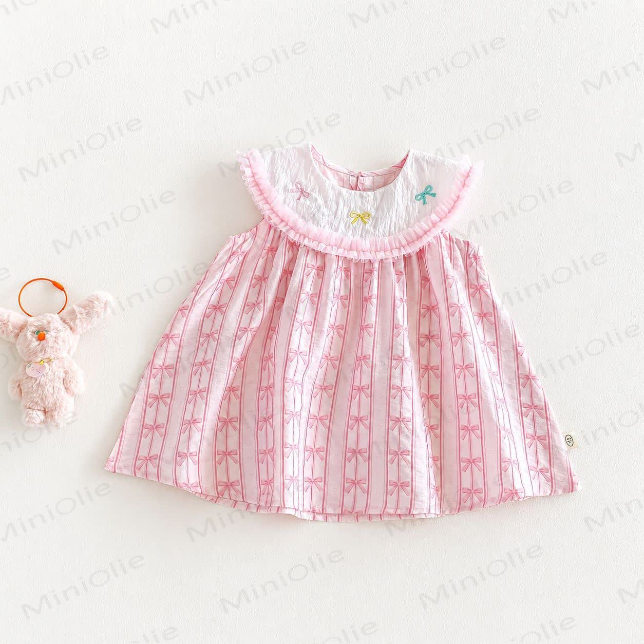 Baby Toddler Girls Pink Bow Print Ruffle Collar Sleeveless Dress - Pink - 4-5T - image 2