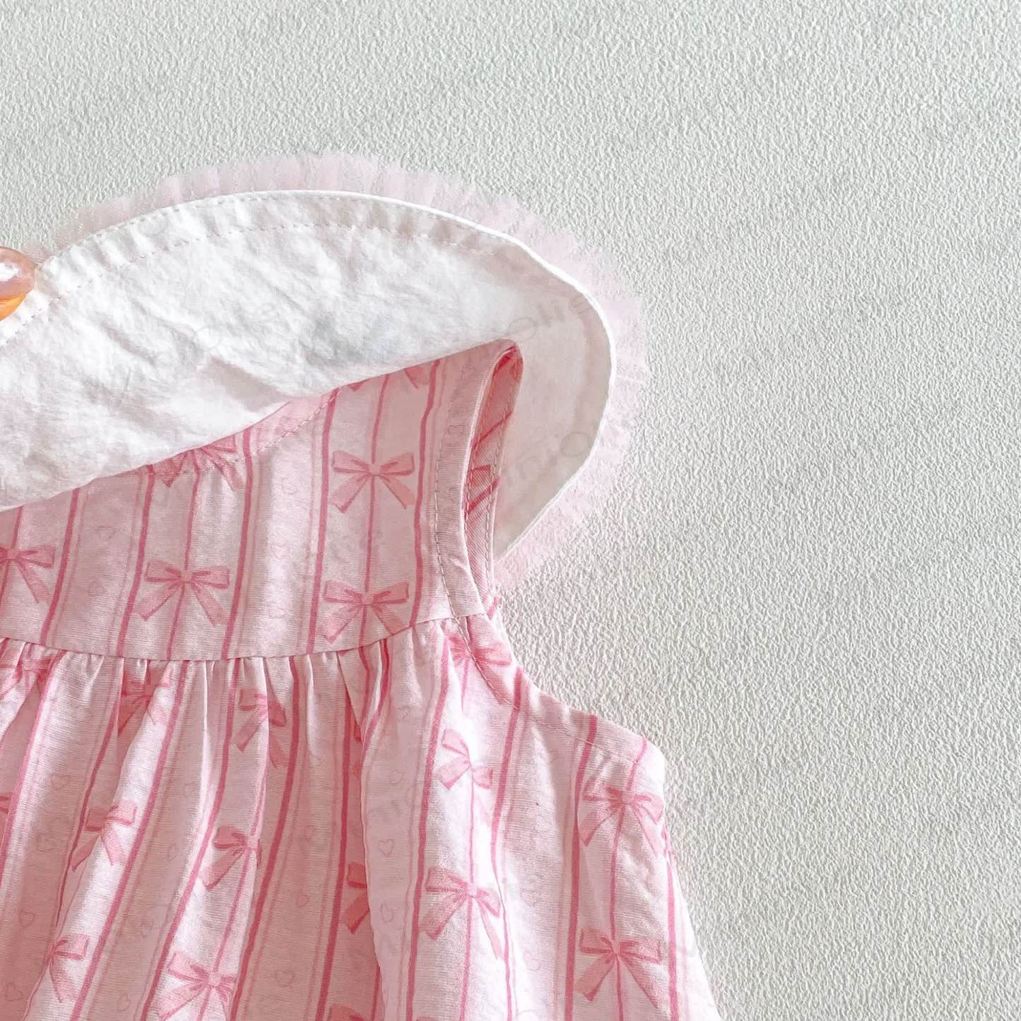 Baby Toddler Girls Pink Bow Print Ruffle Collar Sleeveless Dress - image 4