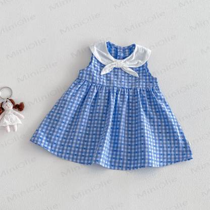 Baby Toddler Girls Gingham Sailor Collar Dress or Bow Vest or Gingham Skirt - Blue Dress - 4-5T - image 2