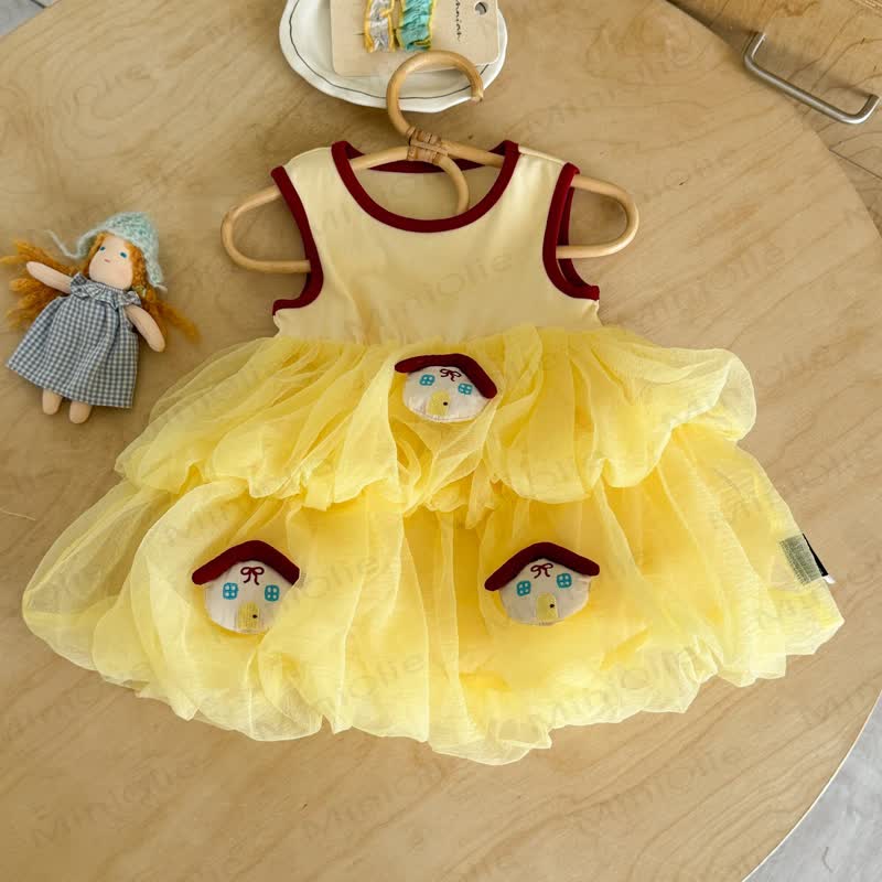 Toddler Girls Yellow Tulle House Print Sleeveless Dress - Yellow - 8-9T - image 1
