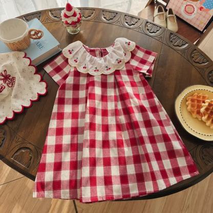 Toddler Girls Cherry Collar Red Gingham Short Sleeves Dress - image 1