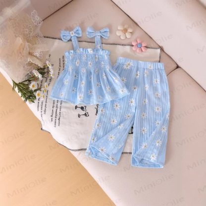 Baby Girl Blue/Pink Strap Top and Pants 2-piece Set - Blue Daisy - 2-3Y - image 1