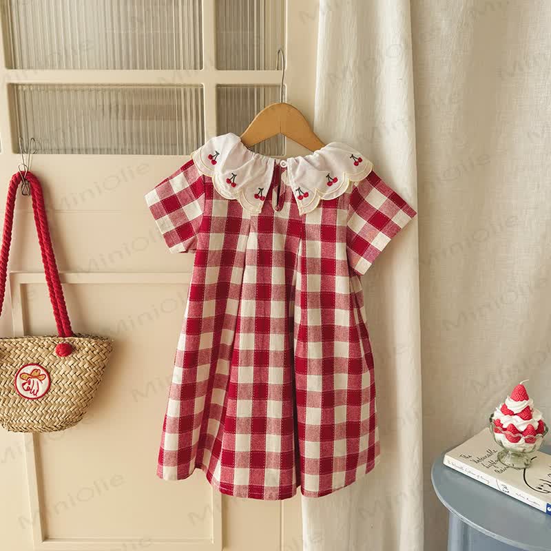 Toddler Girls Cherry Collar Red Gingham Short Sleeves Dress - image 3