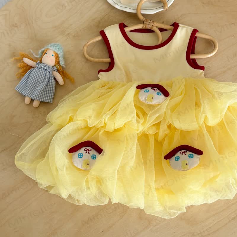 Toddler Girls Yellow Tulle House Print Sleeveless Dress - image 2