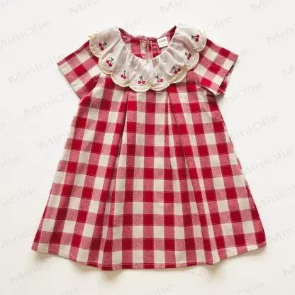 Toddler Girls Cherry Collar Red Gingham Short Sleeves Dress - Red - 8-9T - image 2