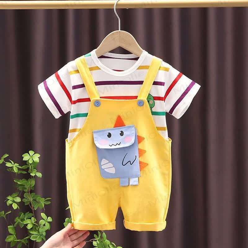 Baby Toddler Boys Dino Print Overall and Striped Tee 2-Piece Set - Yellow - 4-5T - image 3