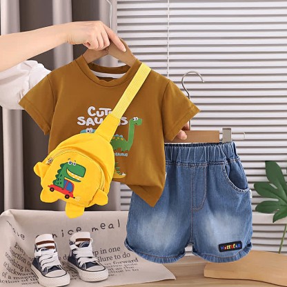 Baby Toddler Boys Dino Print Tee and Denim Shorts and Bag 3-Piece Set - Brown - 4-5T - image 3