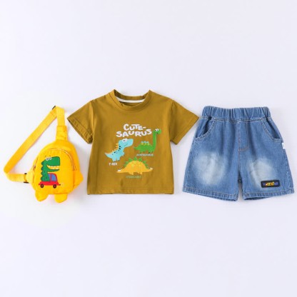 Baby Toddler Boys Dino Print Tee and Denim Shorts and Bag 3-Piece Set - Brown (No Bag) - 4-5T - image 6
