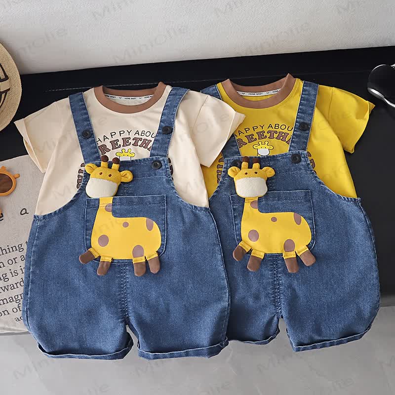 Baby Toddler Giraffe Print Denim Overalls and T-Shirt 2-Piece Set - image 1