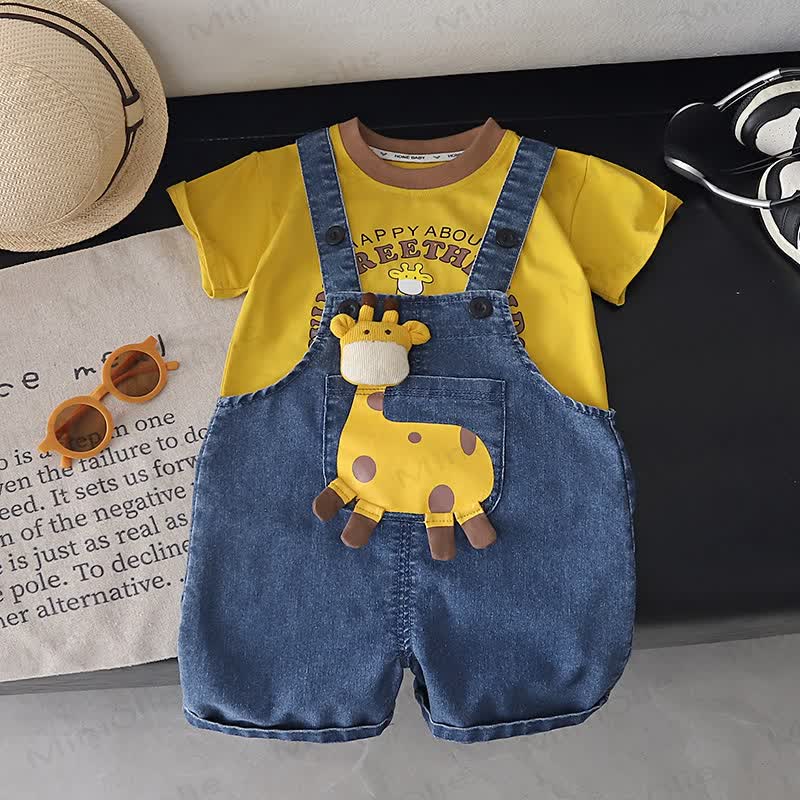 Baby Toddler Giraffe Print Denim Overalls and T-Shirt 2-Piece Set - Yellow - 4-5T - image 3