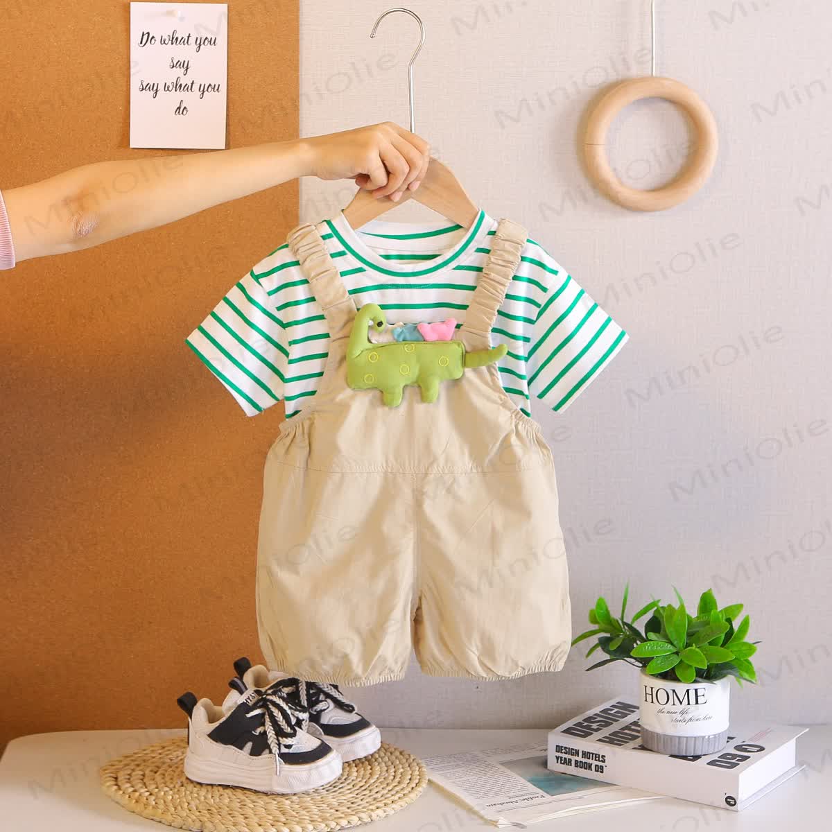 Baby Toddler Dino Print Overalls and Striped Tee 2-Piece Set - Khaki - 4-5T - image 3