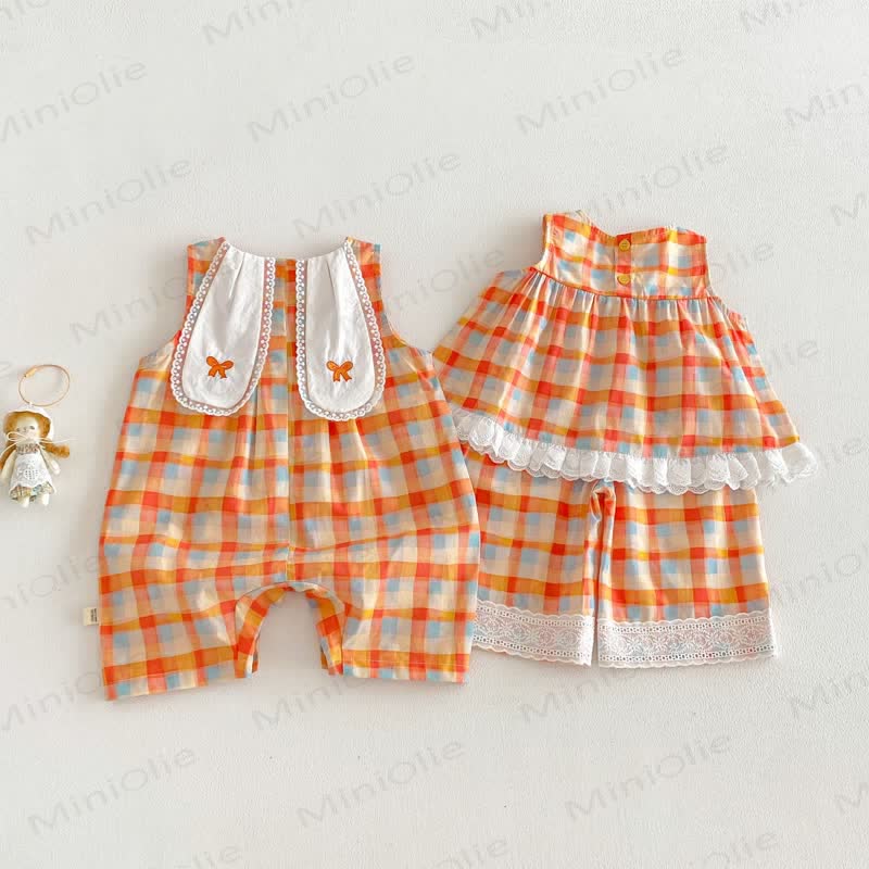 Baby Toddler Girl Orange Plaid Lace Trim Summer Sleeveless Romper/Top and Pants 2-piece Set - image 2