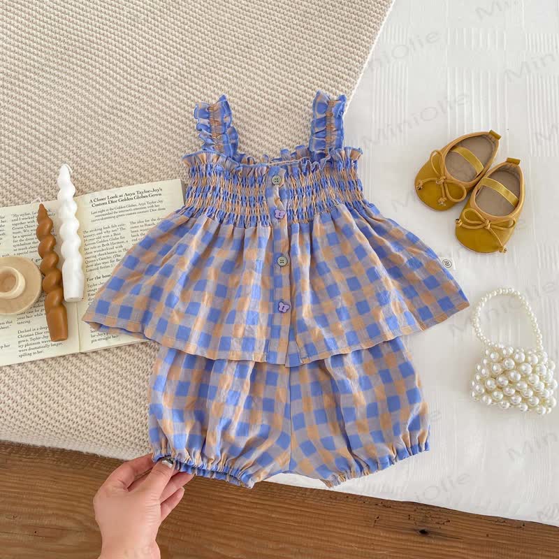 Baby Girl Purple Plaid Strap Dress and Shorts 2-piece Set - image 2
