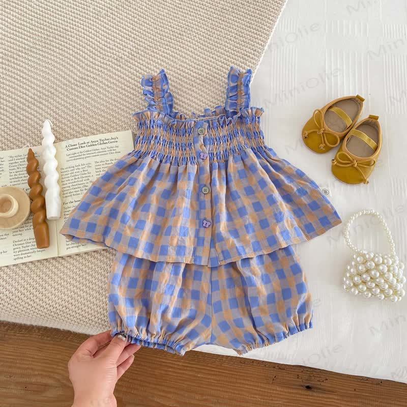 Baby Girl Purple Plaid Strap Dress and Shorts 2-piece Set - image 2
