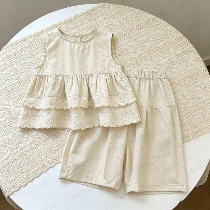 Baby Toddler Girl Solid Color Sleeveless Top and Shorts Set  - Beige - 8-9T - image 4
