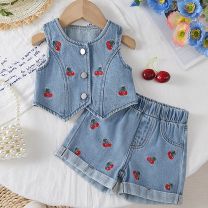 Baby Girl Denim Cherry Sleeveless Set - Light blue - 2-3T - image 1