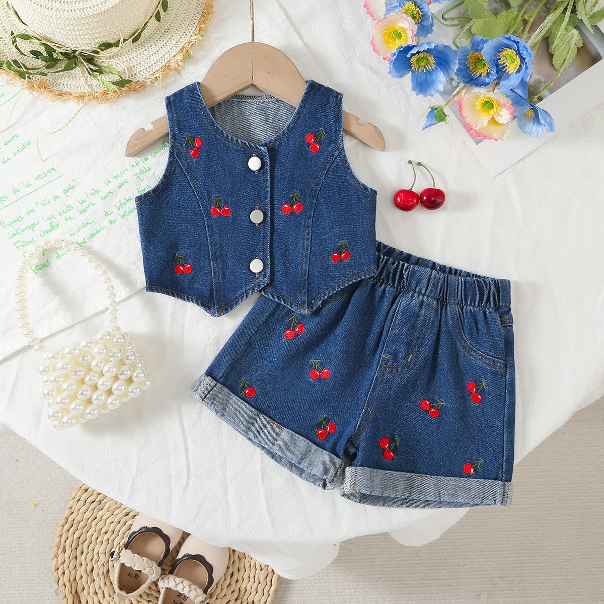 Baby Girl Denim Cherry Sleeveless Set - Deep blue - 2-3T - image 2