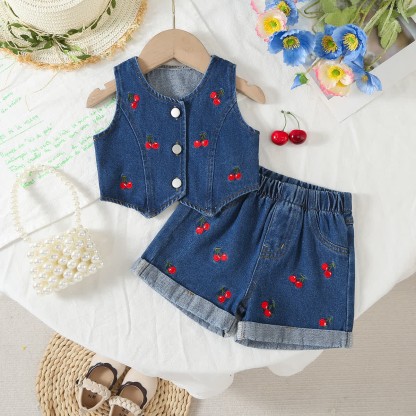 Baby Girl Denim Cherry Sleeveless Set - Deep blue - 2-3T - image 2
