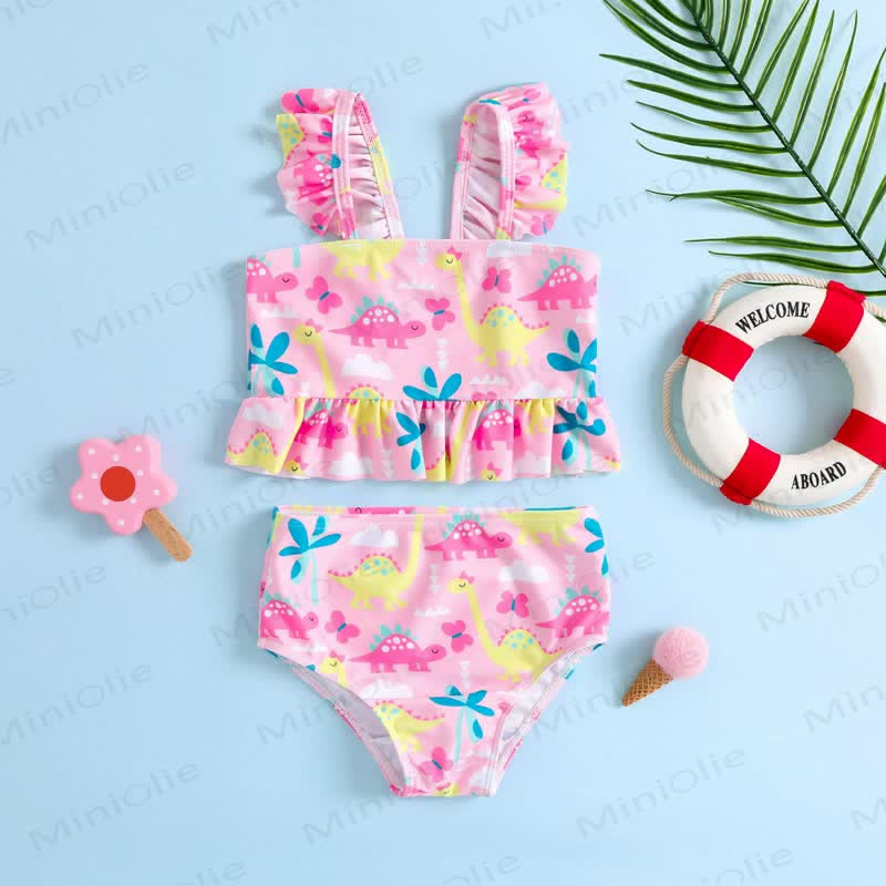 Baby Toddler Girls Pink Dino Print Ruffle 2-Piece Bikini Set - Pink - 6-7T - image 1