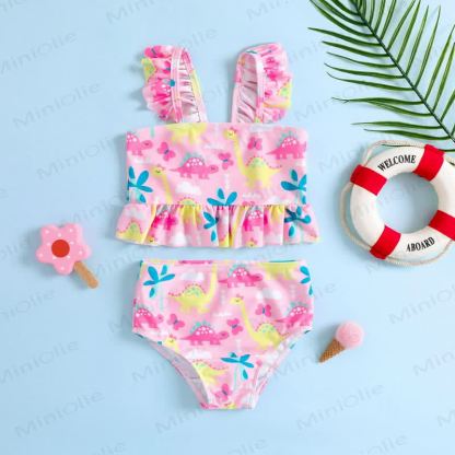 Baby Toddler Girls Pink Dino Print Ruffle 2-Piece Bikini Set - Pink - 6-7T - image 1
