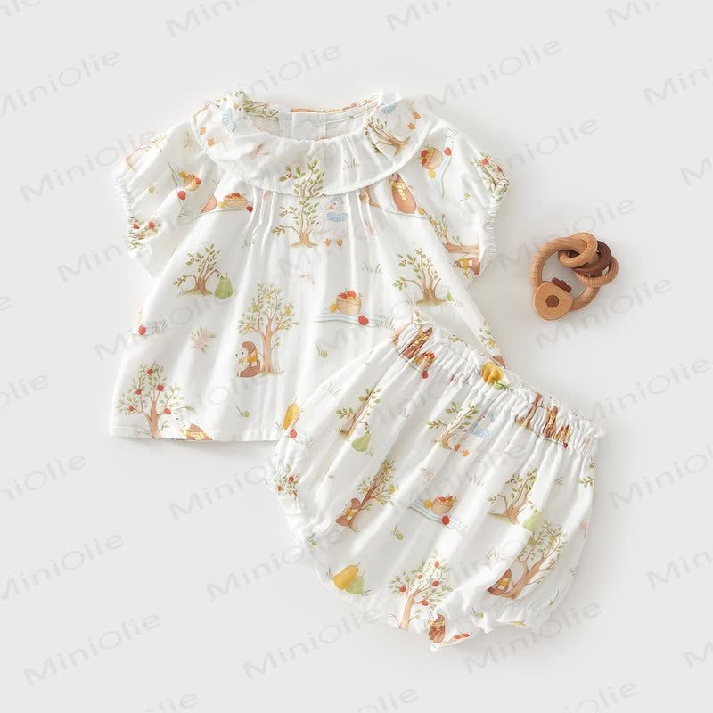 Baby Toddler White Animal and Fruit Print Top and Shorts 2-piece Set - White - 3-4T - image 1