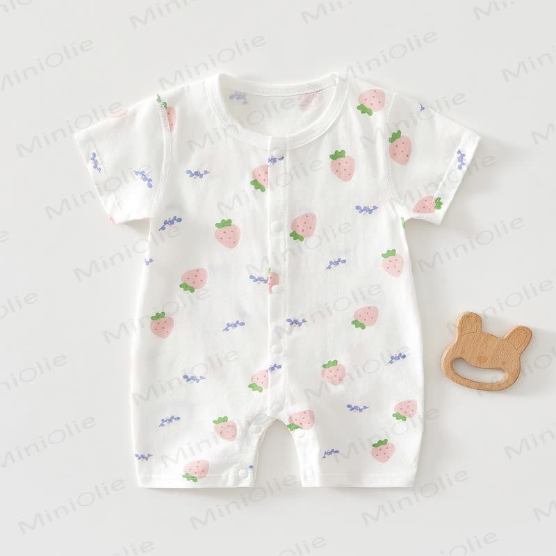 Baby Soft Ribbed Cotton Summer Romper - Beige  Strawberry - 18-24M - image 12