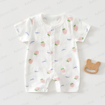 Baby Soft Ribbed Cotton Summer Romper - Beige  Strawberry - 18-24M - image 12