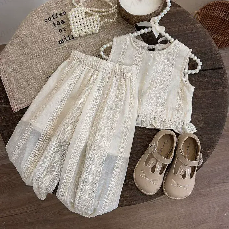 Toddler Girls Lace Bow Tank Top and Pants 2-Piece Set - Beige - 6-7T - image 2