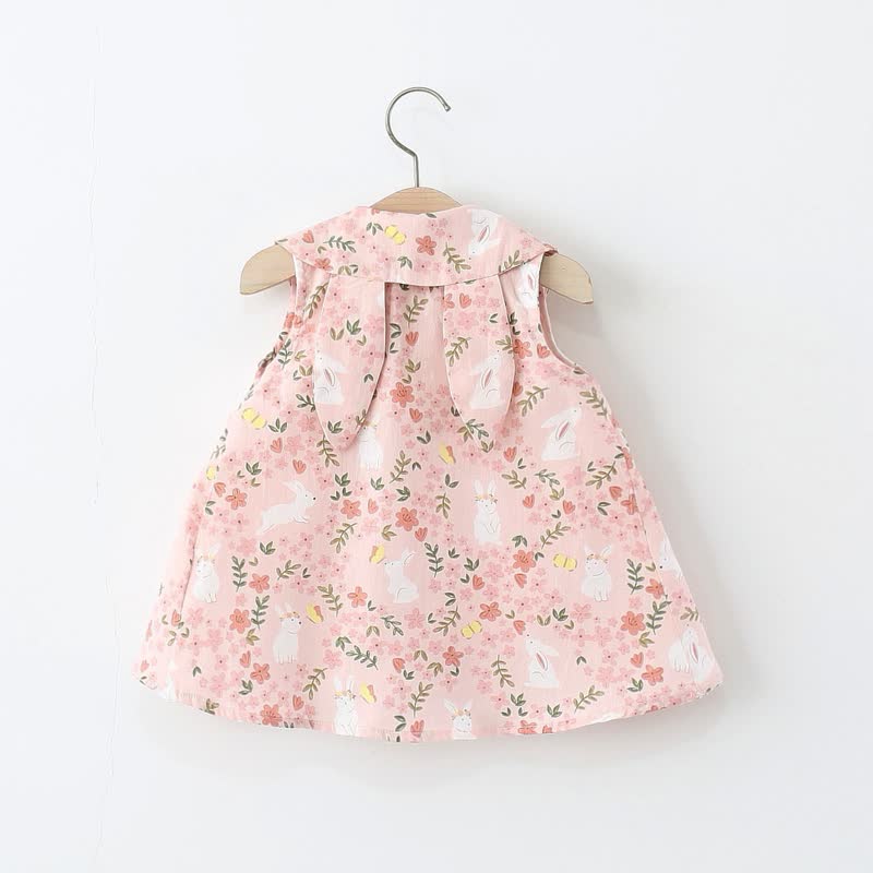 Baby Toddler Girl Pink Floral Bunny Peter Pan Collar Sleeveless Dress - image 2