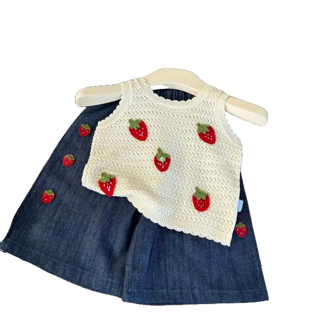 Baby Toddler Girl Denim Knitted Strawberry Sleeveless Set - image 2