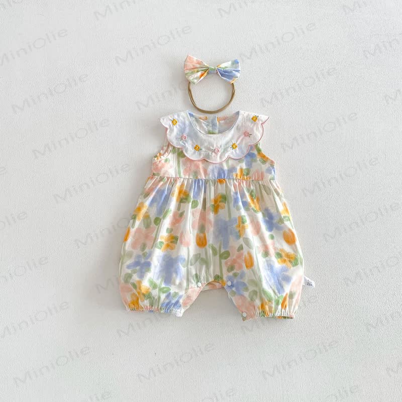 Baby Girls Floral Peter Pan Collar Sleeveless Romper - White - 18-24M - image 2