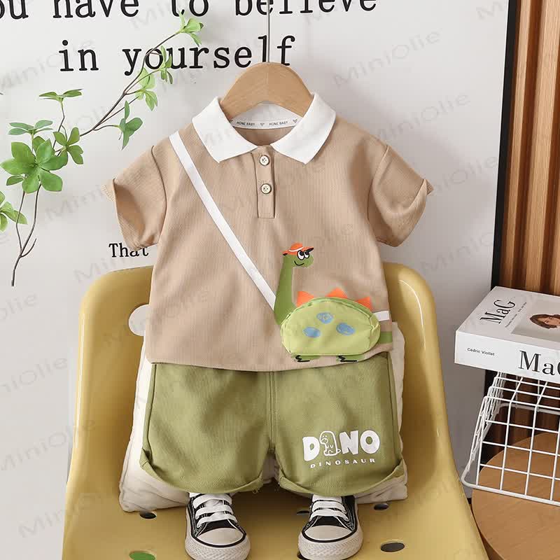 Toddler Boys Dino Collection Polo Shirt and Shorts 2-Piece Set with Bag - Khaki - 4-5T - image 2