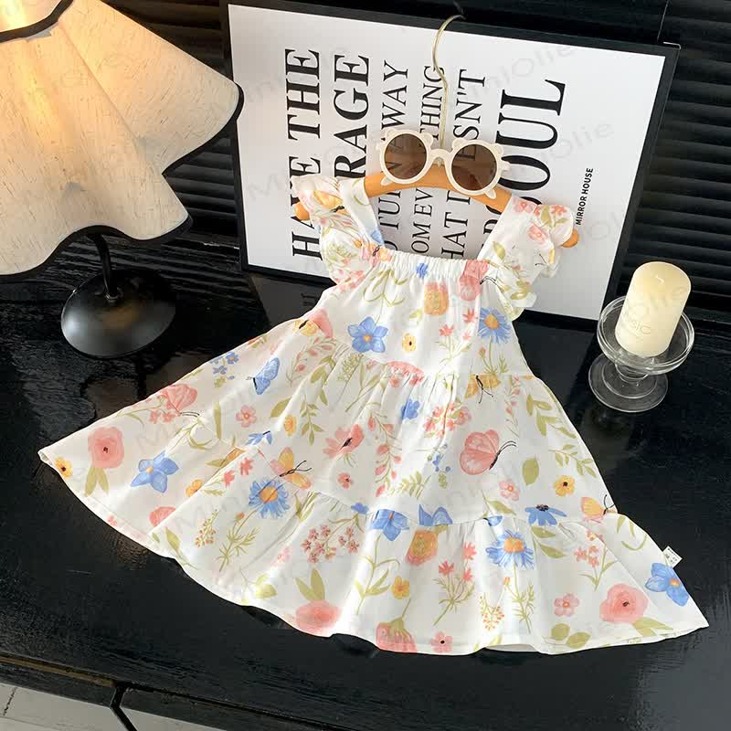 Toddler Girl Ruffle Flutter Sleeve Dress - Beige Butterfly - 10-11T - image 4