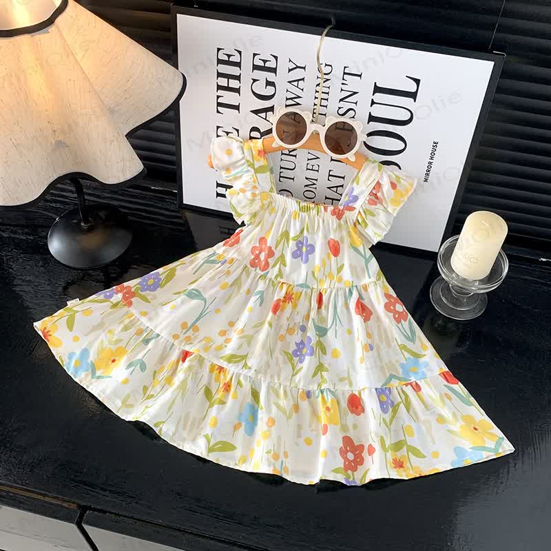 Toddler Girl Ruffle Flutter Sleeve Dress - Beige Flower - 10-11T - image 3