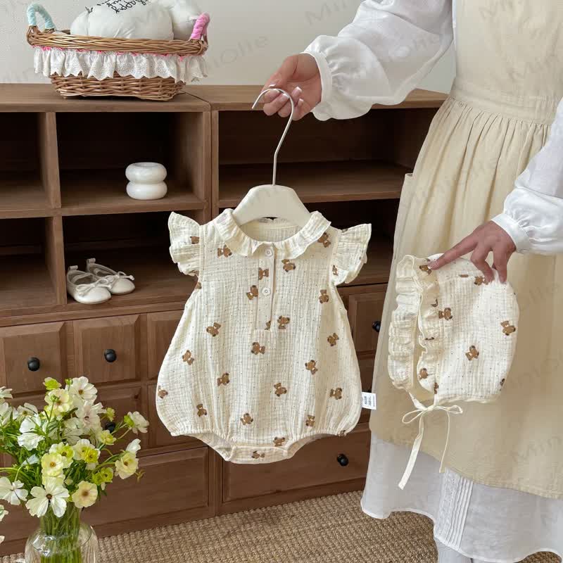Baby  Floral Bear Gauze Bodysuit  with Bonnet - Beige - 18-24M - image 1
