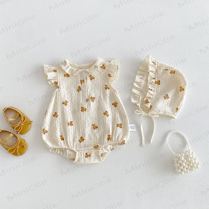Baby  Floral Bear Gauze Bodysuit  with Bonnet - image 2