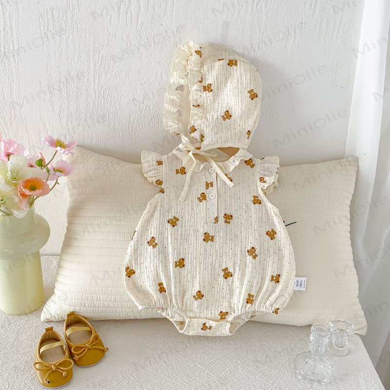 Baby  Floral Bear Gauze Bodysuit  with Bonnet - image 3