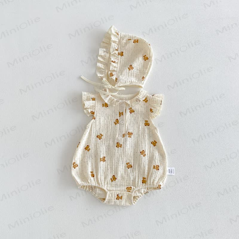 Baby  Floral Bear Gauze Bodysuit  with Bonnet - image 4
