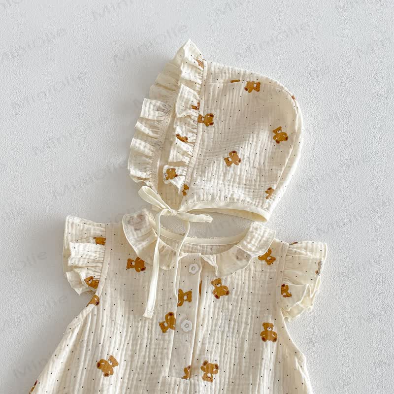 Baby  Floral Bear Gauze Bodysuit  with Bonnet - image 6