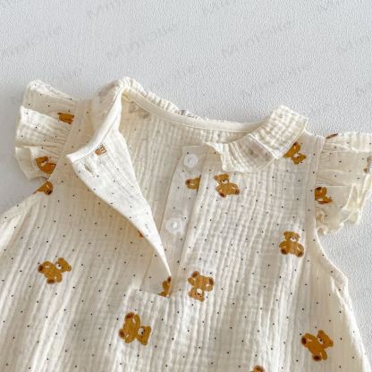 Baby  Floral Bear Gauze Bodysuit  with Bonnet - image 9