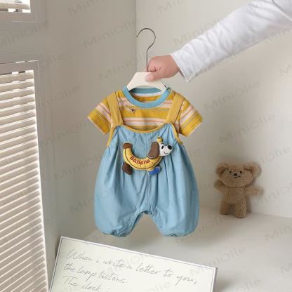 Baby Banana Puppy Collection Overalls and Striped Tee 2-Piece Set - Blue - 3-4T - image 1